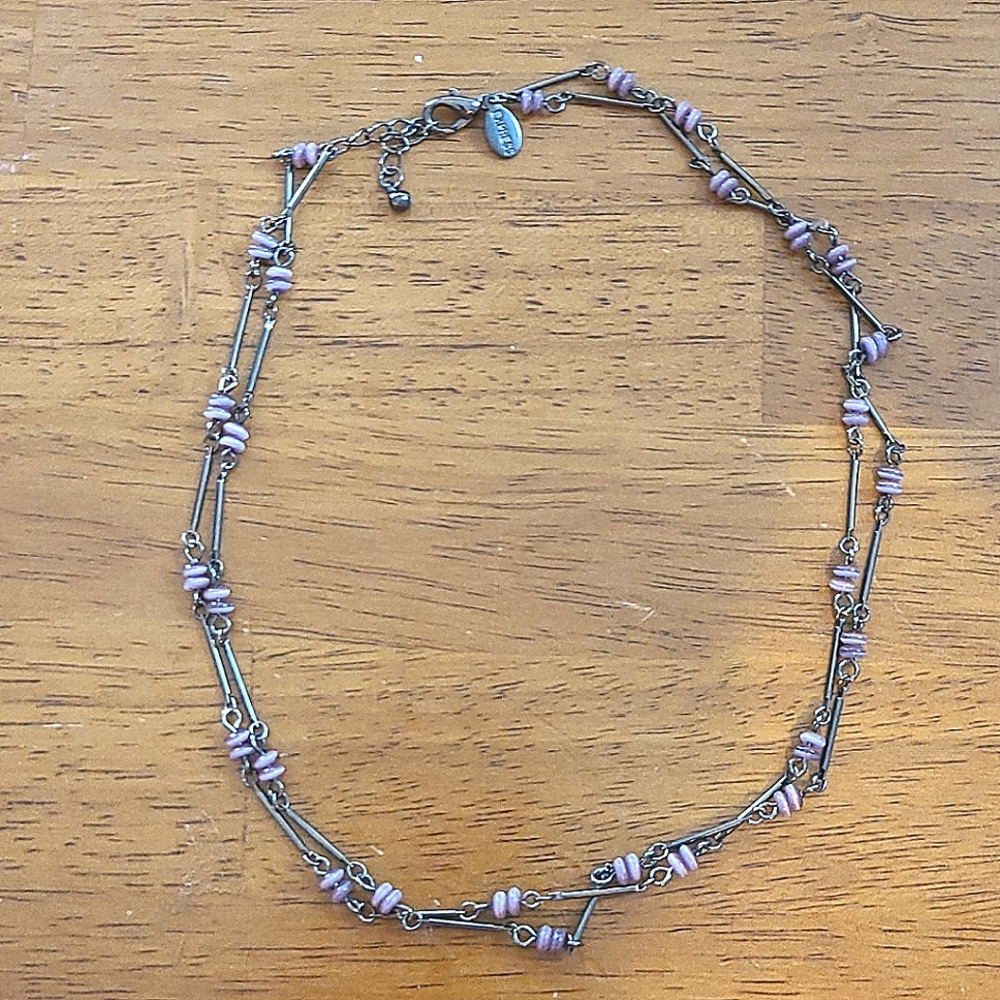 Silver and purple beaded double strand choker